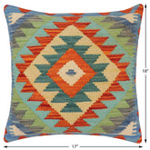 handmade Traditional Pillow Rust Blue Hand-Woven SQUARE 100% WOOL  Hand woven turkish pillow  2 x 2